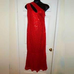 Size XL Red sequin one shoulder gown with slight cleavage opening trumpet bottom